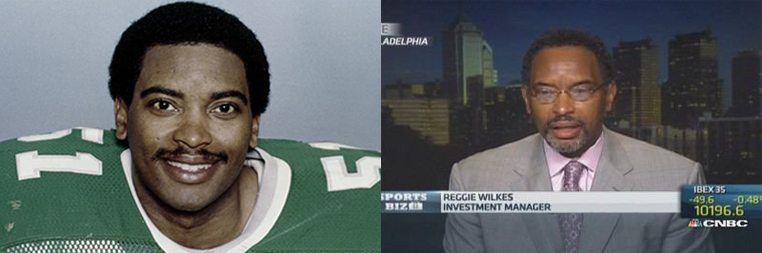 Reggie Wilkes on the Left in his eagles jersey, on the right on CNBC