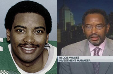 Reggie Wilkes in his Philadelphia Eagles Jersey on the Left, Him on CNBC on the Right