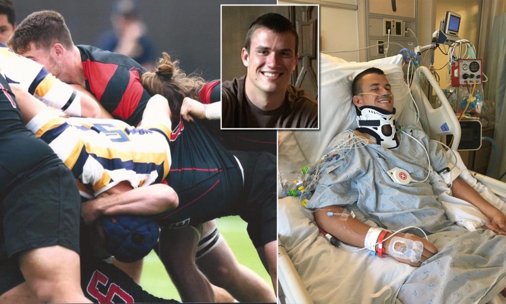 Three photos, on the left, rugby, center, a headshot of Robert Paylor, right, man in hospital bed.