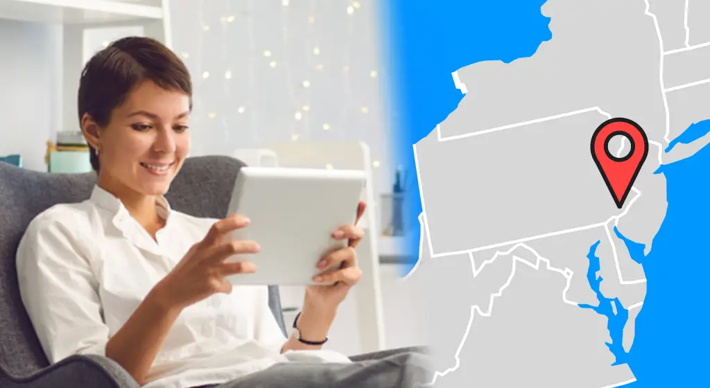 A woman looking at a tablet on the left and a map with a marker over Philadelphia, PA on the right.