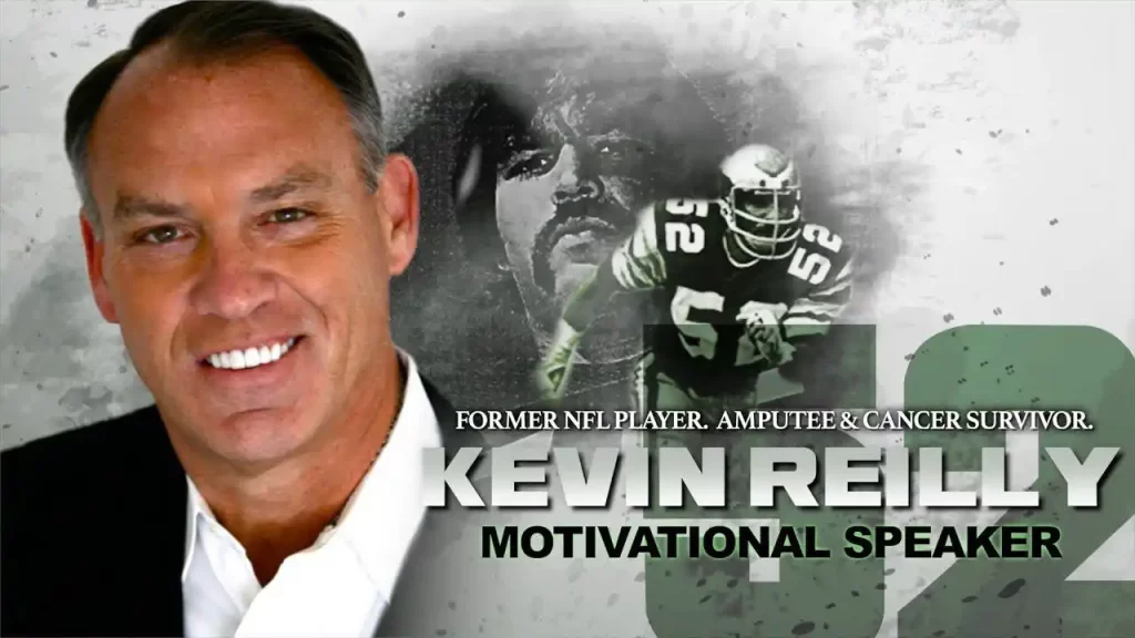 Kevin Reilly smiling on the left, to the right, his name with the term motivational speaker and the number 52
