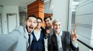 office workers having fun at a conference